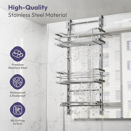 SWTYMIKI Over the Door Shower Caddy - 3 Tier Adjustable Shower Organizer Hanging with Soap Holder, No Drilling Stainless Steel Bathroom Rack Hanging for Body Wash, Shampoo, Soap, Razor, Silver