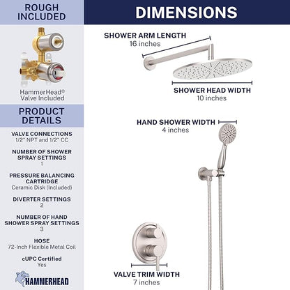 HammerHead Solid Metal Rain Shower System Set with Handheld and 10" Rainfall Head, Shower Valve and Trim Kit, 2-Handle Shower Faucet Set with 2 Way Diverter Body – Brushed Nickel