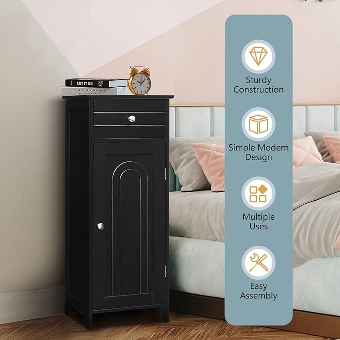 COSTWAY Bathroom Storage Cabinet, Single Door Floor Cabinet with Drawer and 3-Level Adjustable Shelves, Modern Side Storage Organizer with Anti-Tipping Device for Living Room, Bedroom (Black)