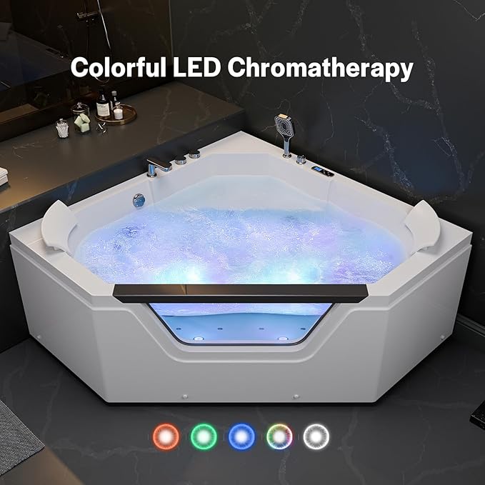 Empava PRO Series 59" Corner Whirlpool Tub for 2-Person | Luxury Jetted Spa with Thermostatic Control, Built-In Heater & Chromotherapy | Acrylic, White (ETL Certified)