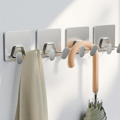Adhesive Shower Hooks for Inside - Extra Sticky Stainless, Razor Holder Shower Accessories, Wall Mounted Self-Adhesive Double Hooks for Razor, Loofah, Towel, Shaver, Coat, Key, Silver, 4-Pack