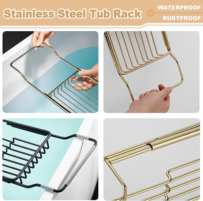 Stainless Steel Bathtub Caddy Tray, Expandable Bathtub Holder Table, Adjustable Bathroom Tray, Bath Organizer Tub Shelf,Gold,26.8~35.4in