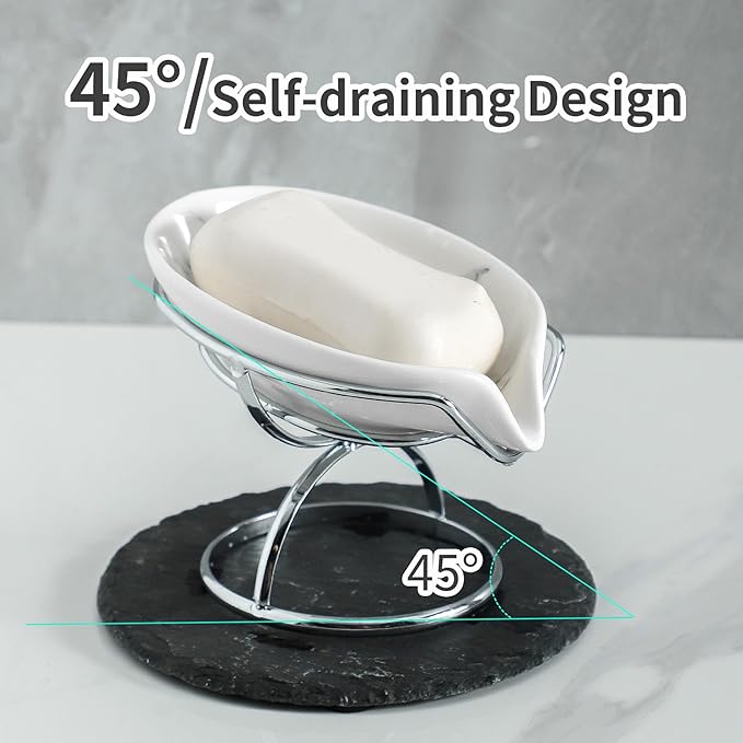 Leaf-Shaped Soap Dish – Ceramic Soap Bar Holder with Self-Drainage System – Bar Soap Holder for Shower, Bathroom Sink, Kitchen – Soap Dish with Stainless Steel Stand (White-Sliver-2 Pack)