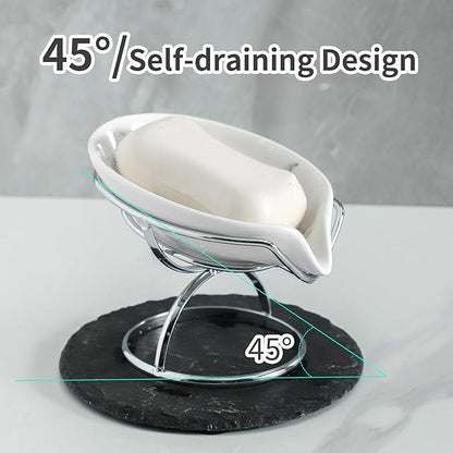 Leaf-Shaped Soap Dish – Ceramic Soap Bar Holder with Self-Drainage System – Bar Soap Holder for Shower, Bathroom Sink, Kitchen – Soap Dish with Stainless Steel Stand (White-Sliver-2 Pack)