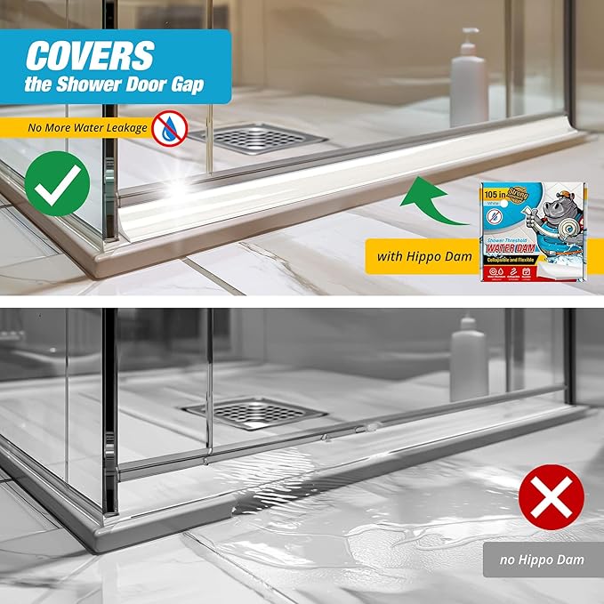 Shower Threshold Water Dam Barrier 105" - White Collapsible Shower Water Blocker - Guard for Walk in Shower - Water Guard Stopper for Floor - Shower Door Water Blocker by Hippo Dam