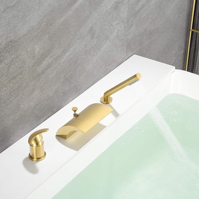 sumerain 3 Hole Roman Tub Faucet with Hand Shower, High Flow Single Handle Waterfall Bathtub Filler Brushed Gold Finish