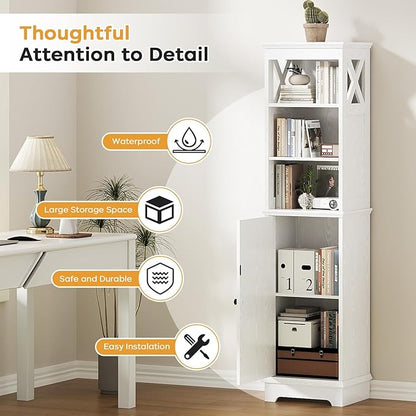 Narrow Bathroom Storage Cabinet with Door and Open Adjustable Shelves, 60.9" H Wooden Tall Tower Corner Farmhouse Cabinet, Freestanding Organizer for Kitchen, Entryway White