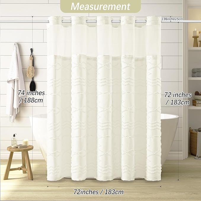 No Hooks Shower Curtain with Snap-in Liner, Beige Boho Fabric Tufted Chevron Striped Textured Shower Curtains for Bathroom, Water Repellent Hotel Quality Luxury Shower Curtain, 72Wx74H