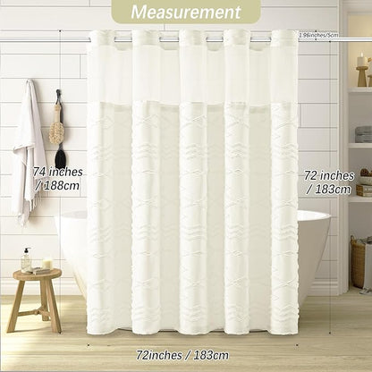 No Hooks Shower Curtain with Snap-in Liner, Beige Boho Fabric Tufted Chevron Striped Textured Shower Curtains for Bathroom, Water Repellent Hotel Quality Luxury Shower Curtain, 72Wx74H