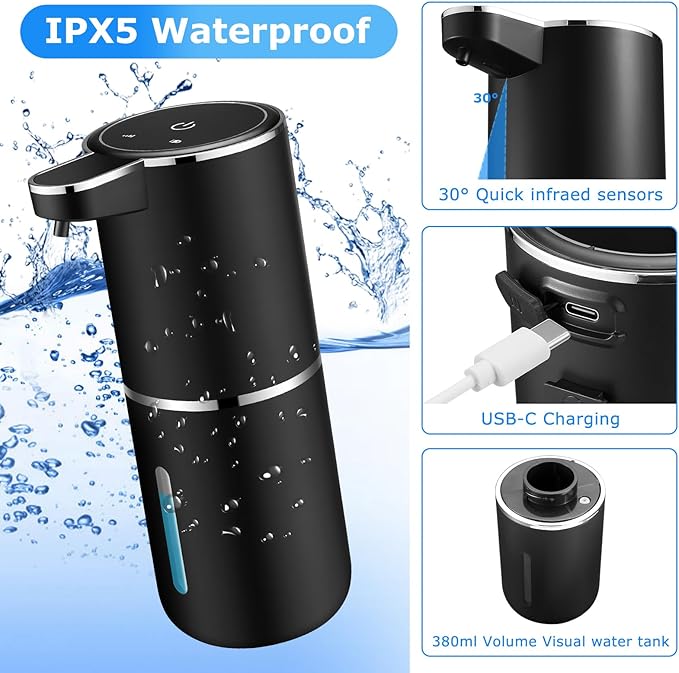 Automatic Soap Dispenser,Automatic Liquid Soap Dispenser Touchless,12.8oz/380ml USB Rechargeabled Wall Mounted Smart Soap Dispensers for Bathroom Kitchen Dish Soap(Black)
