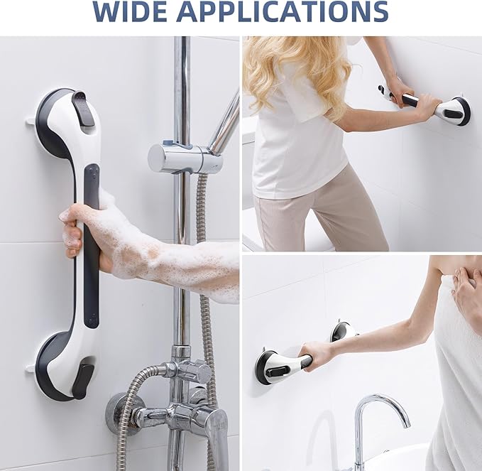 Shower Grab Bar Suction Cup 17 inch, Grab Bars for Bathtubs, Bathroom Safety Grip Shower Handle for Elderly and Seniors, Bath Handrails Removable & Reusable Waterproof, No Drilling, Black