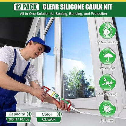 12 Pack Clear Silicone Sealant Caulk, 10.1 oz 100% Waterproof Silicone Sealant Adhesive Clear Caulk Tool for RV Marine Home Window Roof Door Kitchen Bathroom Bathtub Shower Auto Leakproof Seal