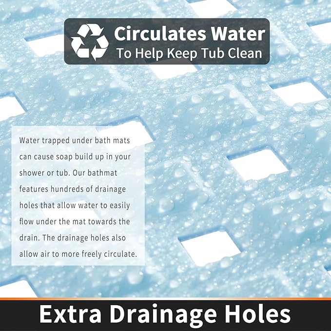 Yimobra Non Slip Bath Mat, Super Strong Suction Cups,34.5"x15.5"Long Tub Mat with Drain Holes, Machine Washable Fast Draining Shower Mats, Bathroom Essentials,Light Blue