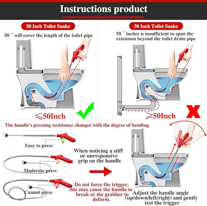 50 Inch Toilet Snake Drain Auger Cleaner Tool, Upgraded Grabber Unclogger Tool, Toilet Auger Grabber, Stainless Steel Telescoping Rod for Pick/Grab Objects Clogged in Toilet Pipes/Drain