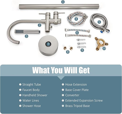 Aolemi Floor Mount Bathtub Faucet Freestanding Tub Filler Standing High Flow Shower Faucets Shower Mixer Taps, Swivel Gooseneck Spout with Cylinder Handheld Brushed Nickel