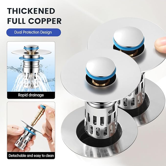 Universal Bathroom Sink Stopper, Pop Up Sink Drain Strainer Plug with Removable Stainless Steel Filter Basket Hair Catcher,Brass Body,Bathroom Bathtub Drain Stopper(2 PCS),Bright Silver