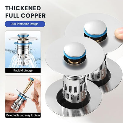 Universal Bathroom Sink Stopper, Pop Up Sink Drain Strainer Plug with Removable Stainless Steel Filter Basket Hair Catcher,Brass Body,Bathroom Bathtub Drain Stopper(2 PCS),Bright Silver