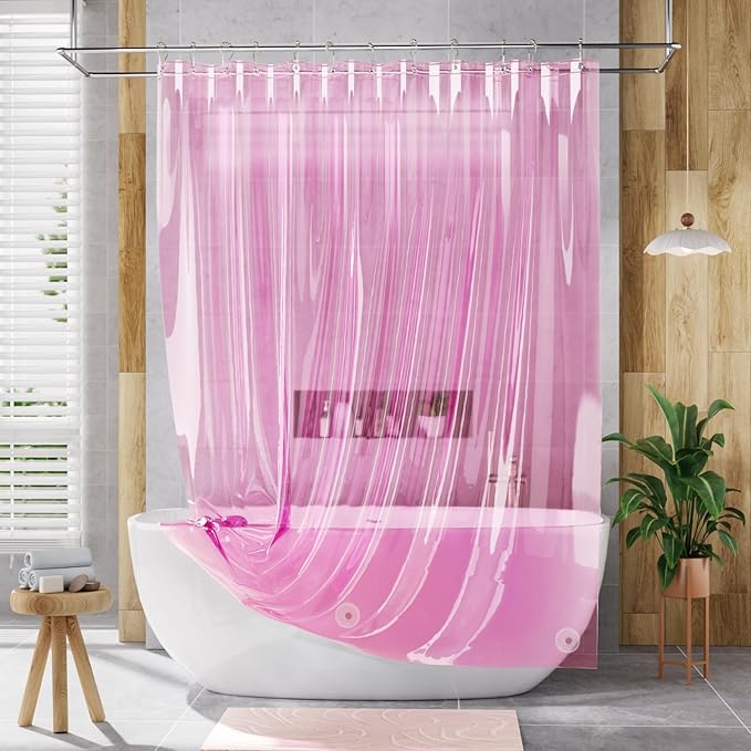 AmazerBath 72x78 Long Shower Curtain Liner, Clear Pink Plastic Shower Liner, Waterproof PEVA Shower Liners, Cute Lightweight Shower Curtains for Bathroom with 3 Magnets & 12 Rustproof Grommets