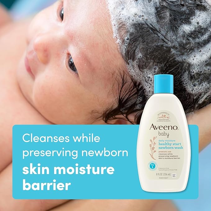 Bundle of Aveeno Baby Healthy Start Newborn Wash, Hypoallergenic Baby Body Wash with Prebiotic Oat, Fragrance-Free, 8 fl. oz + Newborn Balm, Baby Skin Balm with Prebiotic Oat , Fragrance-Free, 5 oz