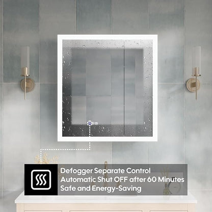 WELLFOR 30 x 32 Inch LED Medicine Cabinet with Lights, 3X Magnification Makeup Mirror, Bathroom Vanity Mirror Cabinet with Storage, Anti Fog, Surface or Recess Mount, Double Opening Door