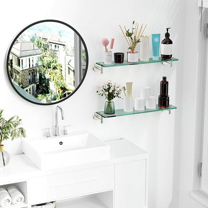 Glass Shelves for Bathroom,16-Inch Brushed Nickel Floating Bathroom Shelf Stainless Steel Tempered Glass Shelf Modern Shelves Wall Mounted