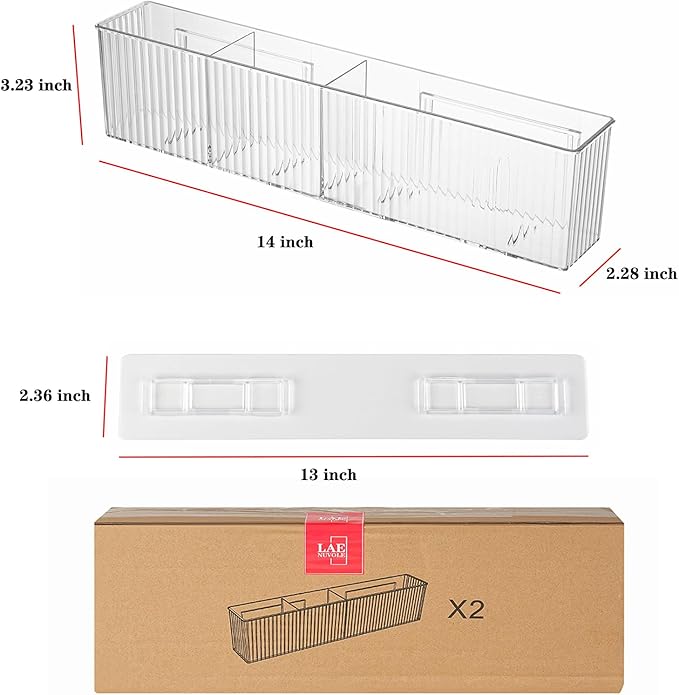 2 Pack Bathroom Makeup Organizer Wall Mount Clear Bathroom Organizers and Storage with 3 Compartments Plastic Storage Organizer Bins Floating Shelves for Wall, Narrow Space, Office, Bedroom 14''Length