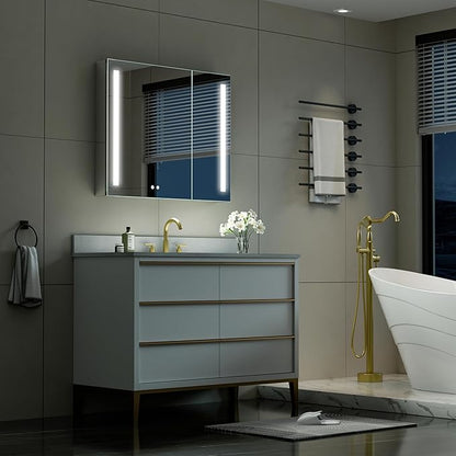 WELLFOR 36" X 30" LED Medicine Cabinet with Mirror, Double Opening Door, Recessed or Surface Cabinet Mirror, Bathroom Mirror Cabinet, Medicine Cabinet with Lights with Outlets & USB Ports