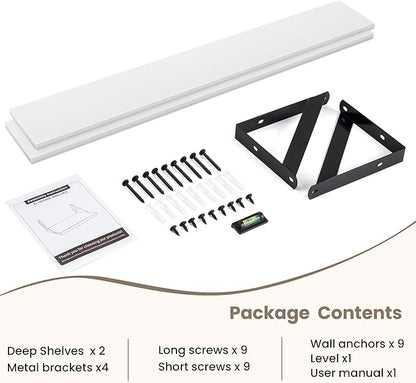 Dreamland 8 inch Deep Floating Shelves for Wall, 55W x 8D Wall Mounted Shelves Set of 2, Wide Display Ledge Shelf with Sturdy Metal Brackets for Living Room, Bathroom, Bedroom and Kitchen, White