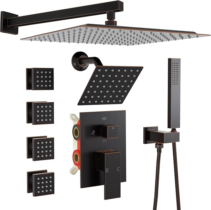 Enga Dual Shower Head System with Body Jets, 12"+ 6" Wall Mounted Dual Rain Shower Faucet with Valve Kit, Oil Rubbed Bronze