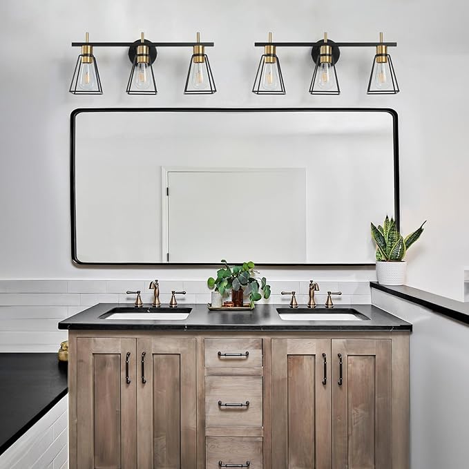 Industrial Bathroom Vanity Lights: 3-Light Black and Gold Vintage Metal Cage Wall Sconce - Rustic Farmhouse Wall Light Fixture Over Mirror Cabinet for Bedroom Living Room