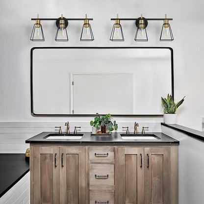 Industrial Bathroom Vanity Lights: 3-Light Black and Gold Vintage Metal Cage Wall Sconce - Rustic Farmhouse Wall Light Fixture Over Mirror Cabinet for Bedroom Living Room