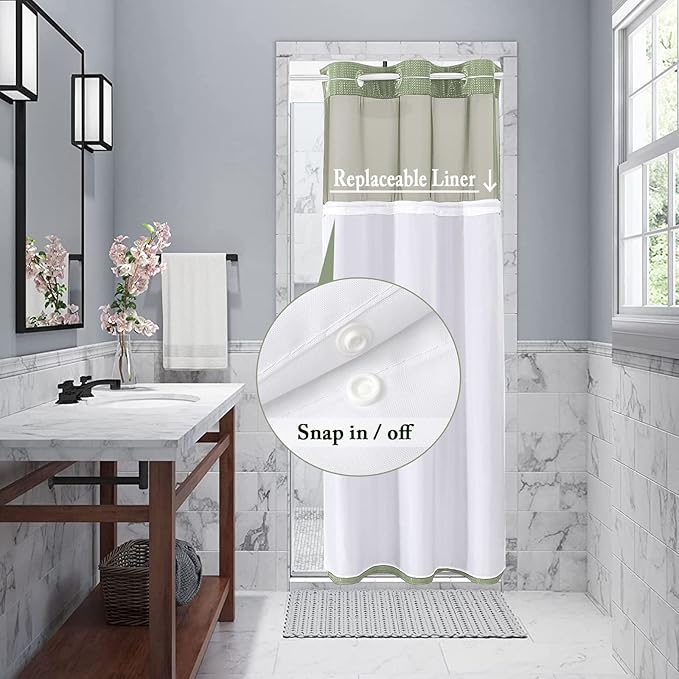 Gibelle Stall Small Shower Curtain 36x74, Waffle Weave Shower Curtain with Snap-in Fabric Liner Set, No Hooks Needed, Hotel Style with Mesh Top Window, Sage Green