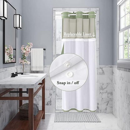 Gibelle Stall Small Shower Curtain 36x74, Waffle Weave Shower Curtain with Snap-in Fabric Liner Set, No Hooks Needed, Hotel Style with Mesh Top Window, Sage Green