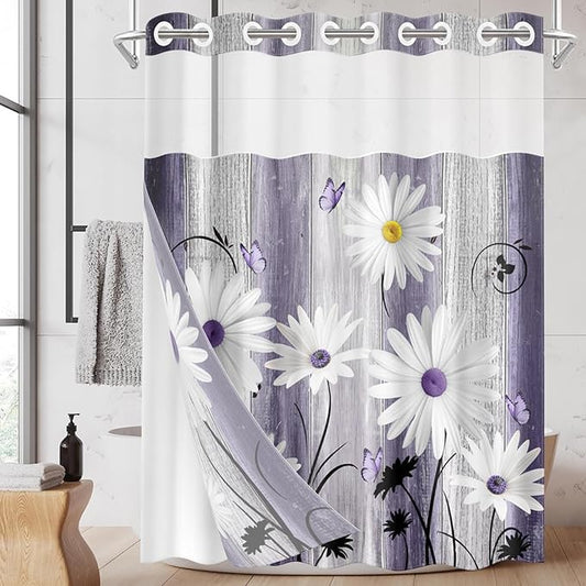 No Hook Flower Daisy Shower Curtain with Snap in Fabric Liner Set, Purple Wooden Boards Double Layers Waterproof Fabric with See Through Top Window Open Grommet Bath Curtain 54x80 Inch