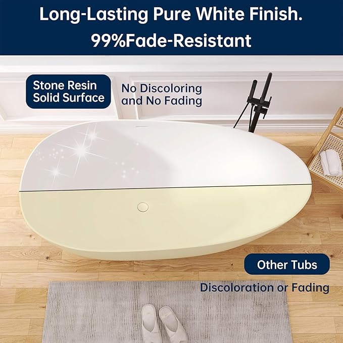 67" Stone Resin Freestanding Bathtub, Oval Solid Surface Bathroom Freestanding Tub, Thin Edge Stand Alone Tub with Integrated Slotted Overflow and Pop-up Drain, Matte White 302-170