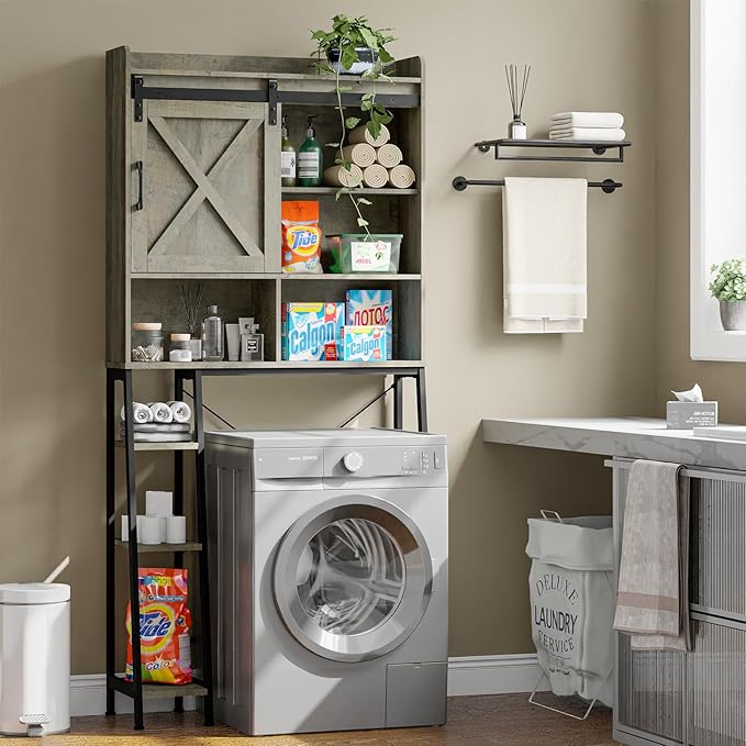 Vabches Over The Toilet Storage Cabinet, Farmhouse Storage Cabinet Over Toilet with Sliding Door & Toilet Paper Holder Stand, Home Space-Saving Toilet Rack for Bathroom, Restroom