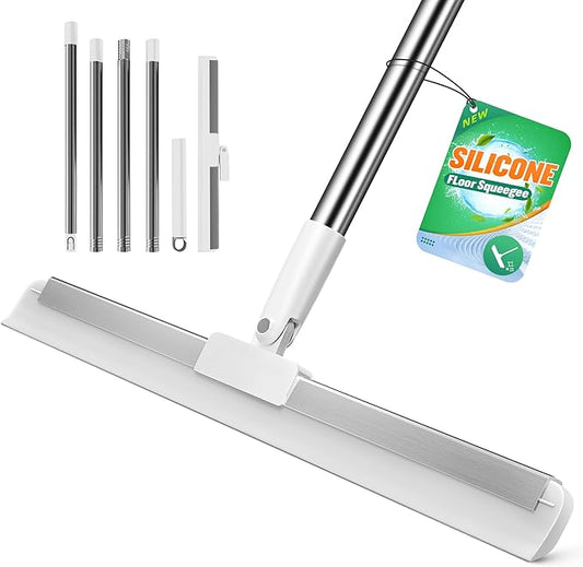 Floor Squeegee with 180° Rotating Head, Squeegee for Floor with 62" Long Handle, Silicone Broom for Window Cleaning, Bathroom Tile, Garage Concrete, Deck, Shower Glass, Pet Hair, Water
