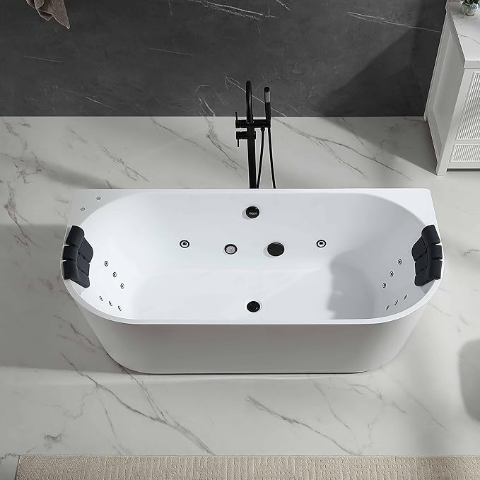 Empava Update Acrylic Whirlpool Bathtub, 71-Inch Freestanding Gracefully Oval Shaped Jetted Bathtub with Healing Chromotherapy, 18 Hydromassage Jets, Single-Ended Bathtubs, Black Nozzles