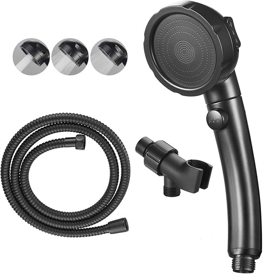KAIYING High Pressure Handheld Shower Head with ON/OFF Pause Switch, 3 Spray Modes Shower Wand with Shut Off Button, Removable Camper Shower Head with Hose and Adjustable Angle Bracket (Black)