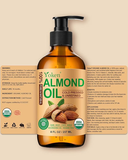Organic Almond Oil 8 fl oz, USDA 100% Pure Natural Cold Pressed Almond Oils in Glass Bottle, Moisturizing Carrier Oil for Face, Hair & Body - Ideal for Skin Care, Soothing Massage & DIY Beauty