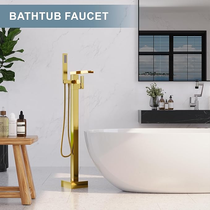 Freestanding Bathtub Faucet, Floor Mount Bathtub Faucet with 2 Water Outlet Modes, Swivel Gooseneck Spout with Hand Shower,Single Handle, Max Flow Rate 7.4 GPM (Waterfall-Gold)