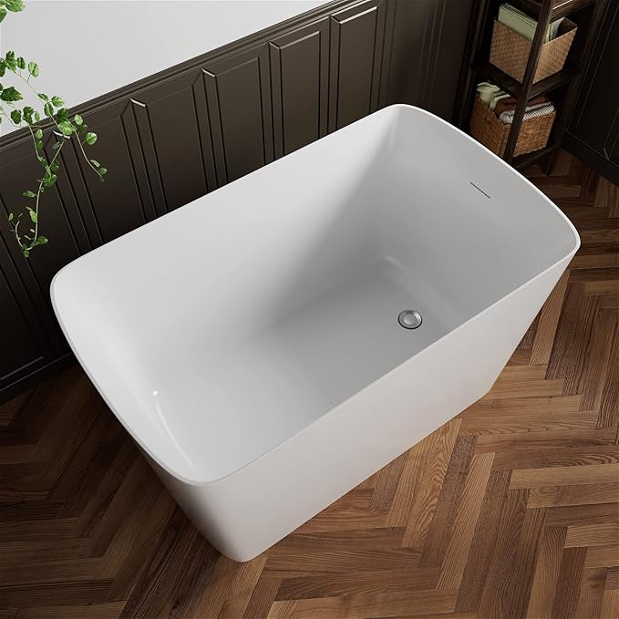 47" Lucite Acrylic Freestanding Bathtub，Square Shape Janpanese Soaking Tub,Toe-tap Chrome Right Drain, Slotted Overflow, cUPC Certified,Glossy White