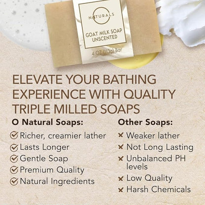 O Naturals 3-Pcs Goat Milk Soap with Soap Saver Bag - Unscented, Triple-Milled, Nourishing, for Sensitive Skin