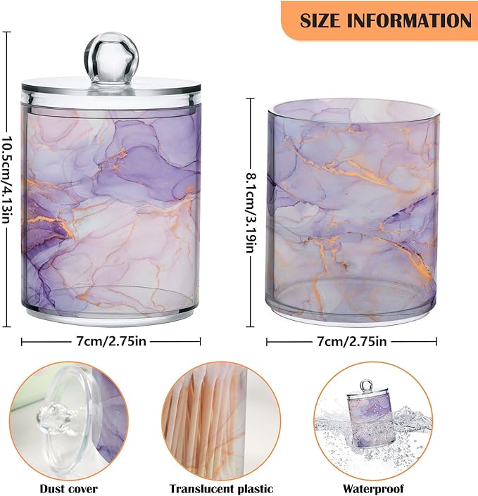 4 Pack Qtip Holder Organizer Dispenser Purple Transparent Waves Marble Bathroom Containers Bathroom Vanity Storage Canister Apothecary Jars for Cotton Swabs/Pads/Floss