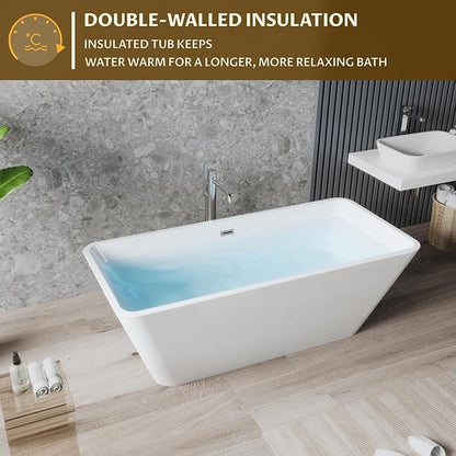 66'' Acrylic Freestanding Bathtub, Deep Soaking Tub with Non-Slip Base, cUPC Certified Free Standing Tub, Chrome Drain Bath Tub, Modern Tub for Bathrooms, White