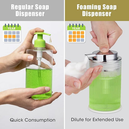 NiHome 14oz Ribbed Glass Foaming Hand Soap Dispenser, High-Capacity Easy to Refill for Home & Commercial Use, Clear Foaming Soap Dispenser for Bathroom, Kitchen with Large Foam Pump & Non-Slip Mat