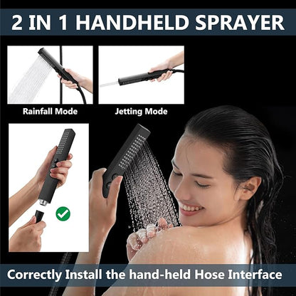 Aolemi Shower Faucet Set Ceiling Mount Shower System Rough-in Valve and Shower Trim Kit 12 and 6 Inch Dual Shower Head 2 in 1 Handheld Spray Push Button Diverter Matte Black