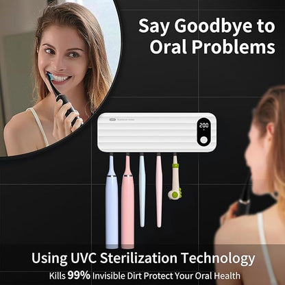 Toothbrush Sanitizer and Holder, UV Toothbrush Sanitizer Holder for Bathroom with 5 Slot, Timer Function, 2000mAh Rechargeable Toothbrush Cleaner Holder Wall Mounted Without Drilling