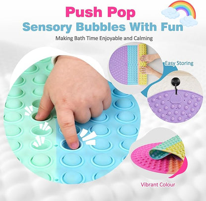 Push Pop Bubble Bath Mat for Kids,Rainbow Large Non-Slip Silicone Tub Mat with Strong Suction Cups for Toddler,33x17.3 Inch Waterproof Shower Mat for Bathtub, Sensory Bath Pad with Drain Holes