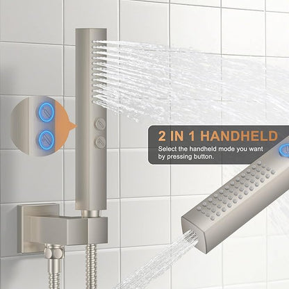 Rain Shower System Brushed Nickel Shower Faucet Set, Dual Rainfall Shower Head Set with 2 in 1 Handheld Spray, Ceiling Mount 12-inch & 6-inch Square Showerheads with Valve, Brushed Nickel